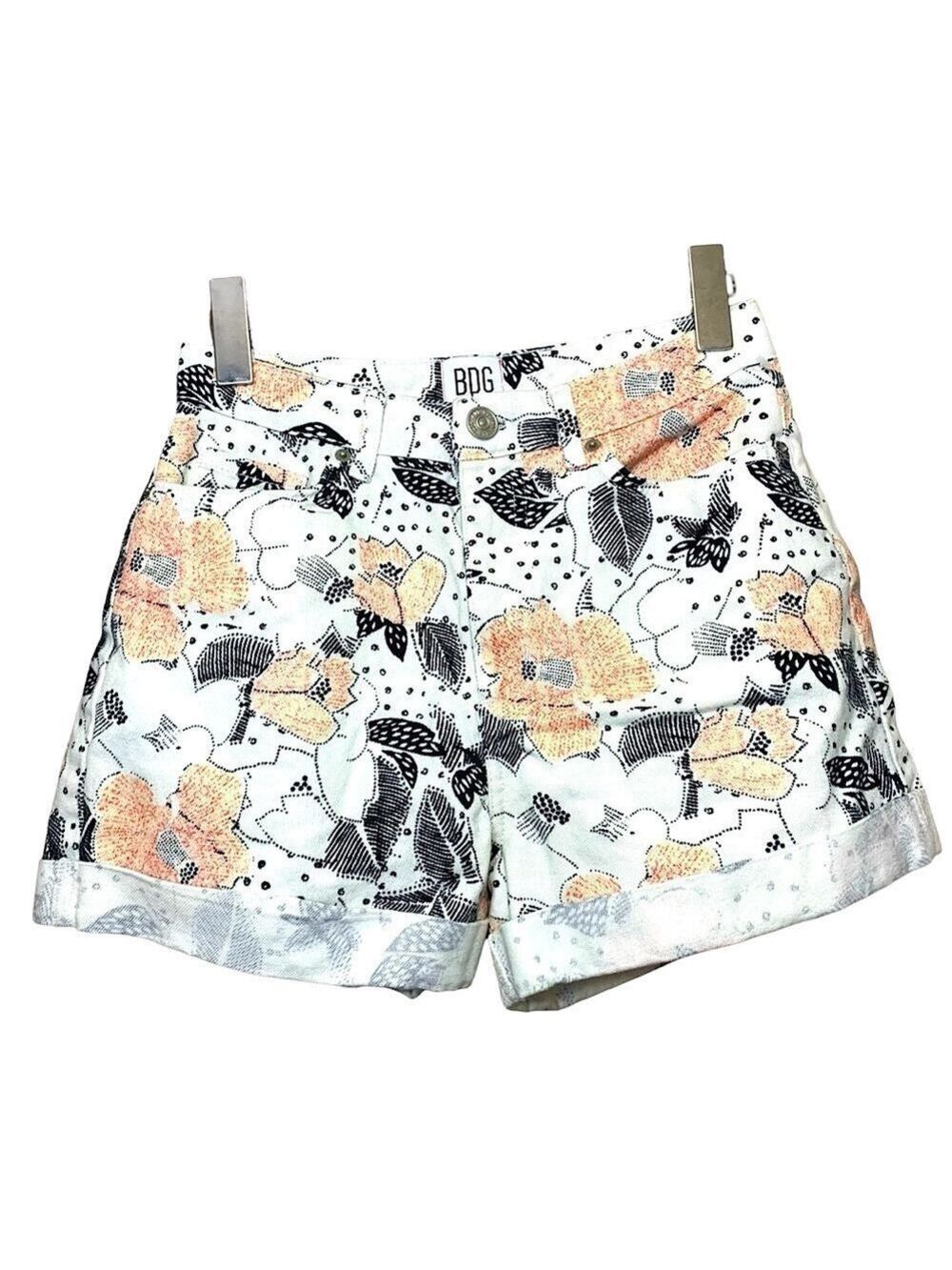 BDG Floral Mom Jean Shorts White Pink High Waist Cuffed Hem Sz 26 Boho Granola